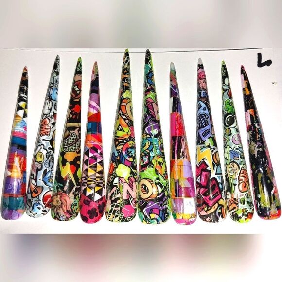 Hand crafted custom print 10pc 3xl acrylic press on nails sz Large - Picture 3 of 7